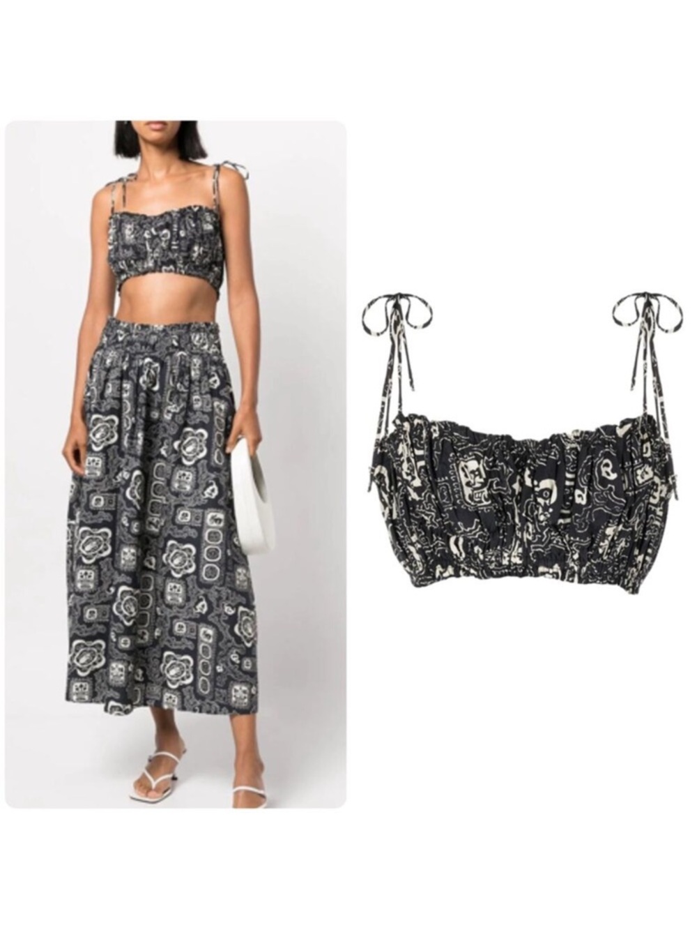 Rhode Resort Crop Top Black Print Tie Strap Smocked Bustier Vacation Set M
